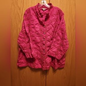 John Mark 3XL 100% Linen Button Up Top 3/4 Sleeve Embrodered